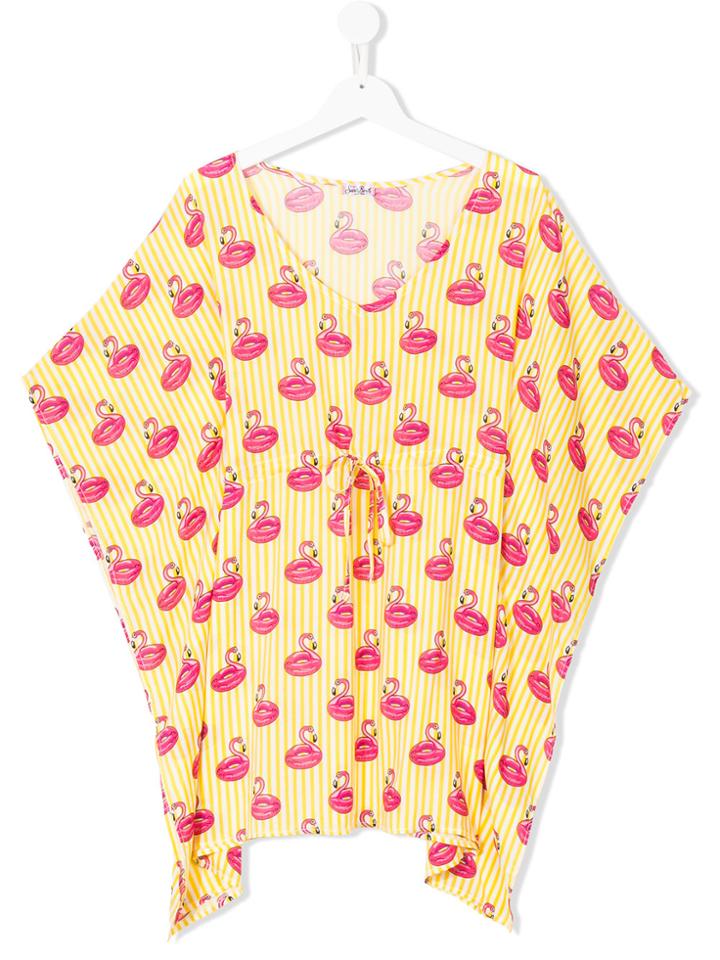 Mc2 Saint Barth Kids Teen Flamingo Print Striped Tunic - Yellow &