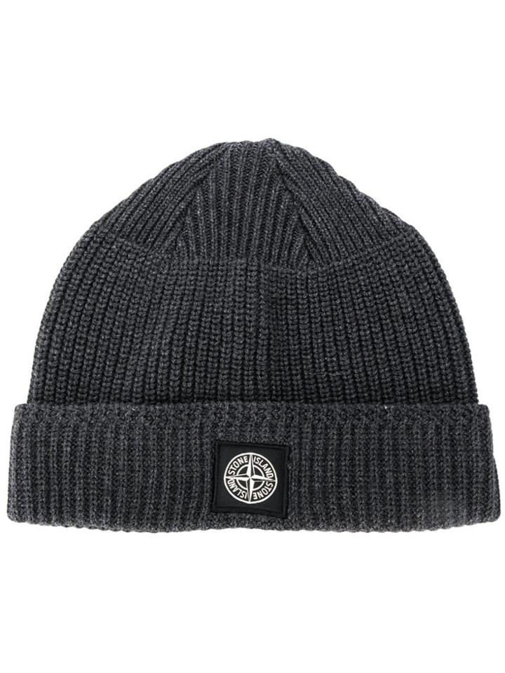Stone Island Patch Detailed Beanie - Grey