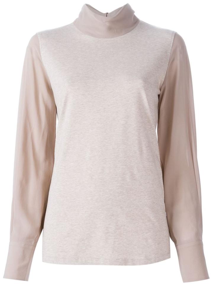 Brunello Cucinelli Contrasting Sleeve Blouse, Women's, Size: Large, Nude/neutrals, Cotton/spandex/elastane