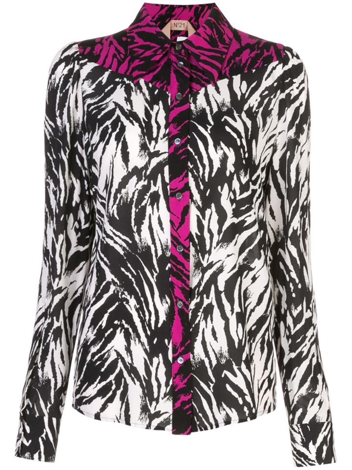 Nº21 Zebra Print Panelled Button-up Shirt - Black