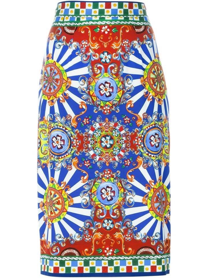 Dolce & Gabbana Carretto Siciliano Print Skirt, Women's, Size: 46, Red, Silk/spandex/elastane