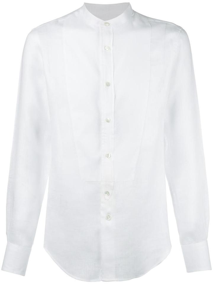 Emporio Armani Bib Detail Shirt, Men's, Size: 40, White, Linen/flax/cotton