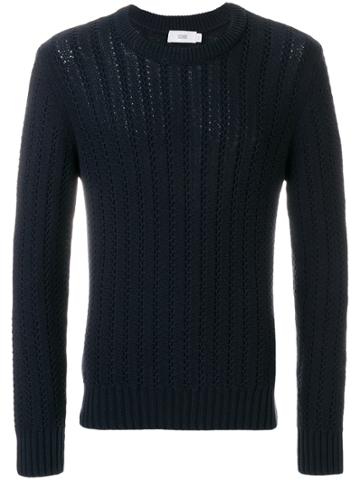 Closed Crew Neck Open Knit Sweater - Blue