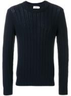 Closed Crew Neck Open Knit Sweater - Blue