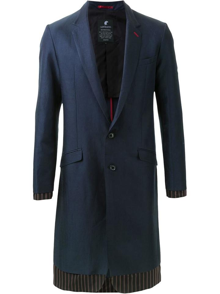 Loveless Contrast Panel Long Single Breasted Jacket, Men's, Size: Medium, Blue, Bamboo/rayon