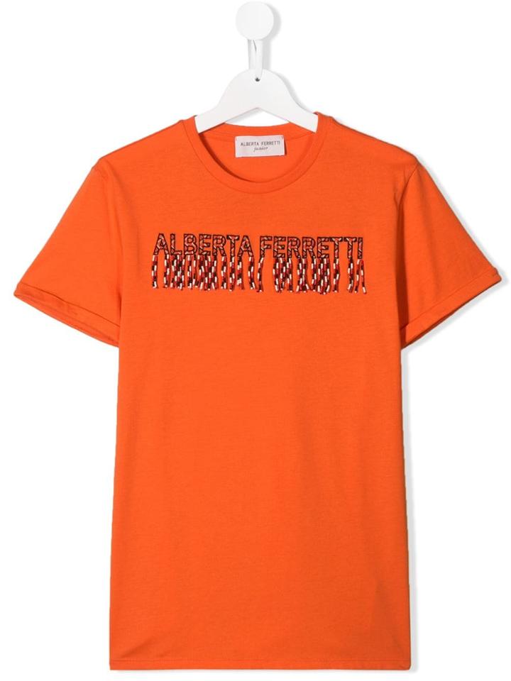 Alberta Ferretti Kids Teen Fringed Logo T-shirt - Orange