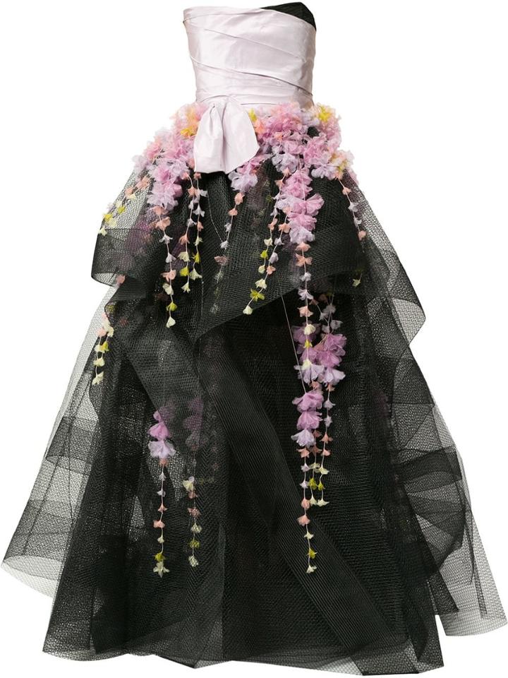 Marchesa Strapless Horsehair Ballgown With Cascading Wisteria - Black