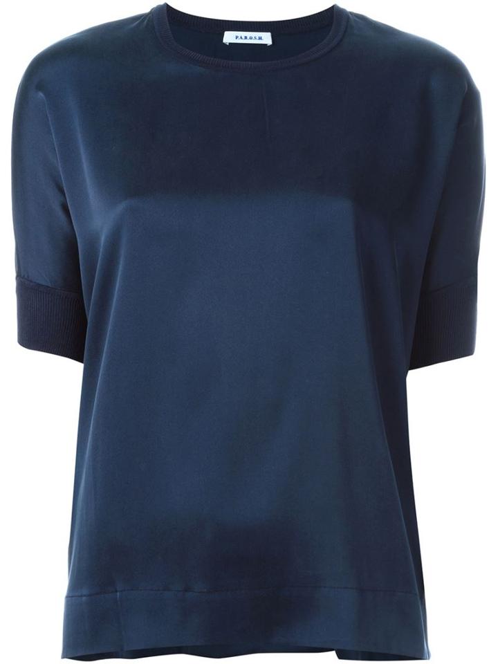 P.a.r.o.s.h. Crew Neck Short Sleeve Blouse, Women's, Size: L, Blue, Silk/spandex/elastane