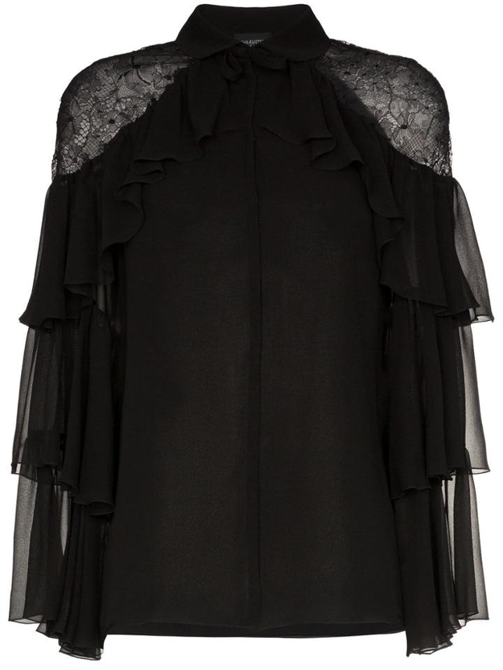 Giambattista Valli Lace Insert And Ruffle Detail Silk Blouse - Black