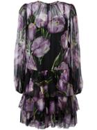 Dolce & Gabbana Tulip Print Sheer Dress, Women's, Size: 38, Pink/purple, Silk/cotton/polyamide