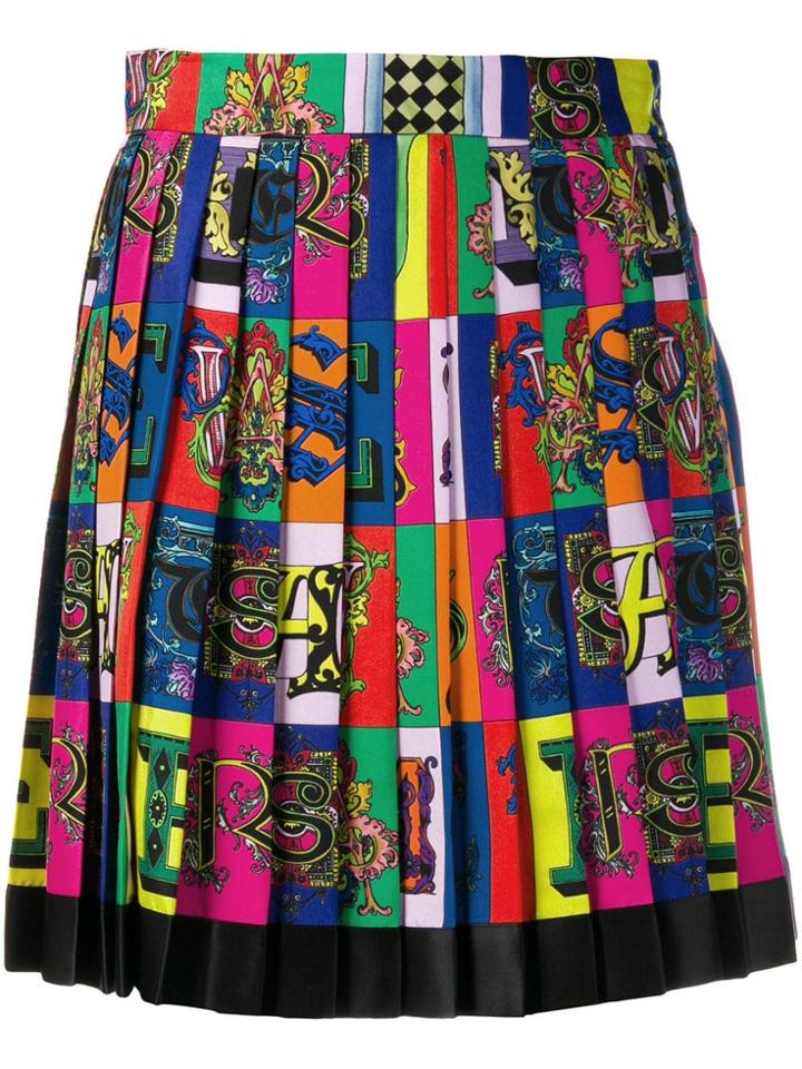 Versace Logo Print Pleated Mini Skirt - Blue