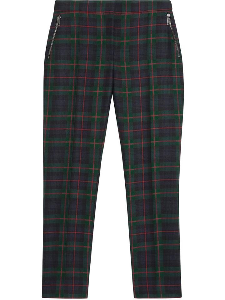 Burberry Zip Detail Check Wool Blend Trousers - Blue
