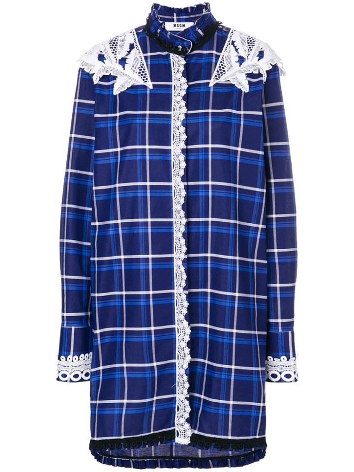Msgm Lace Detail Checked Shirt Dress - Blue