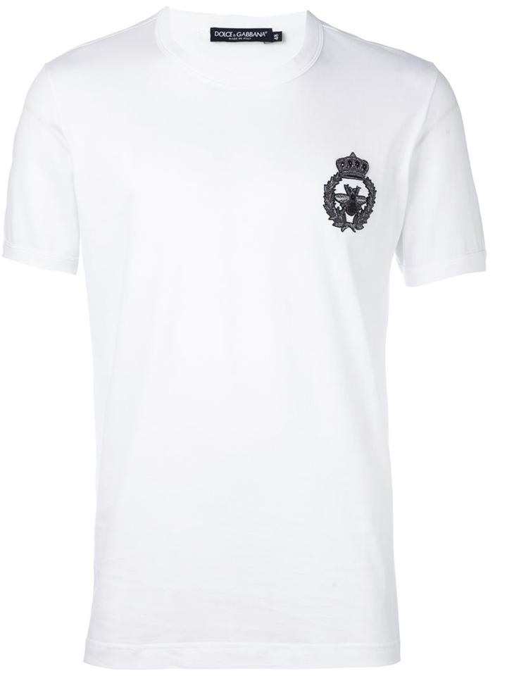 Dolce & Gabbana Crown & Bee Patch T-shirt, Men's, Size: 44, White, Cotton/copper/metallic Fibre/polyester