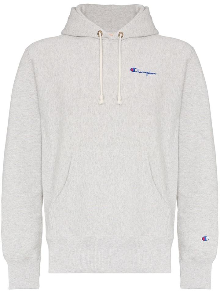 Champion Reverse Weave Logo Embroidered Hooded Jumper - Grey