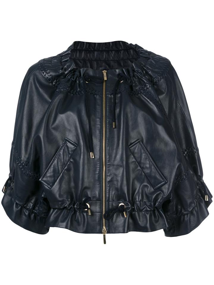 Alberta Ferretti Drawstring Cropped Leather Jacket, Women's, Size: 40, Blue, Lamb Skin/polyester