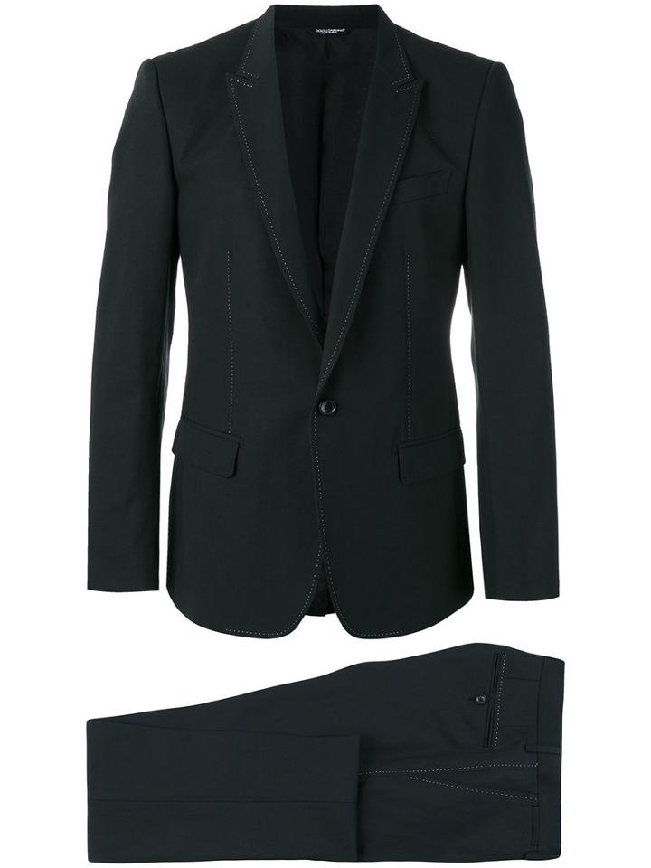 Dolce & Gabbana Contrast Stitch Trim Suit, Men's, Size: 46, Black, Cotton/linen/flax/viscose