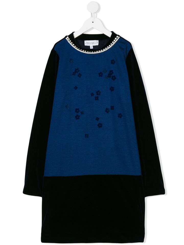 Simonetta Pearl Embellished Neckline Dress - Blue