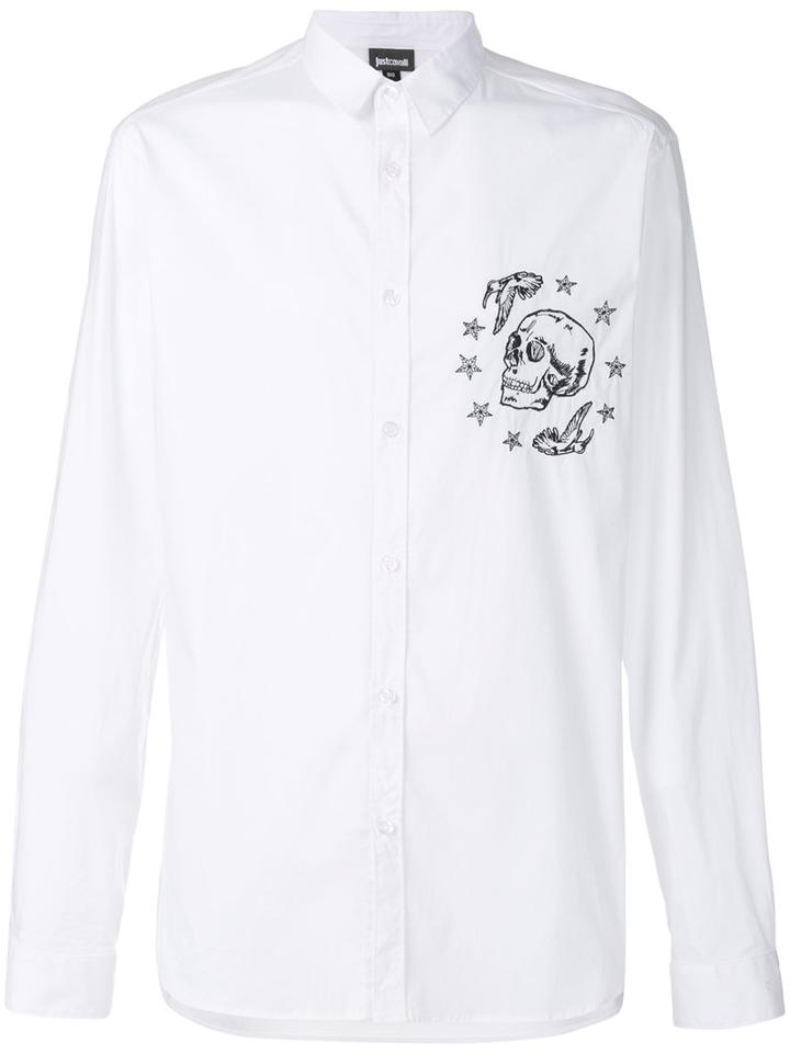 Just Cavalli - Embroidered Skull Shirt - Men - Cotton/polyamide/spandex/elastane - 54, White, Cotton/polyamide/spandex/elastane