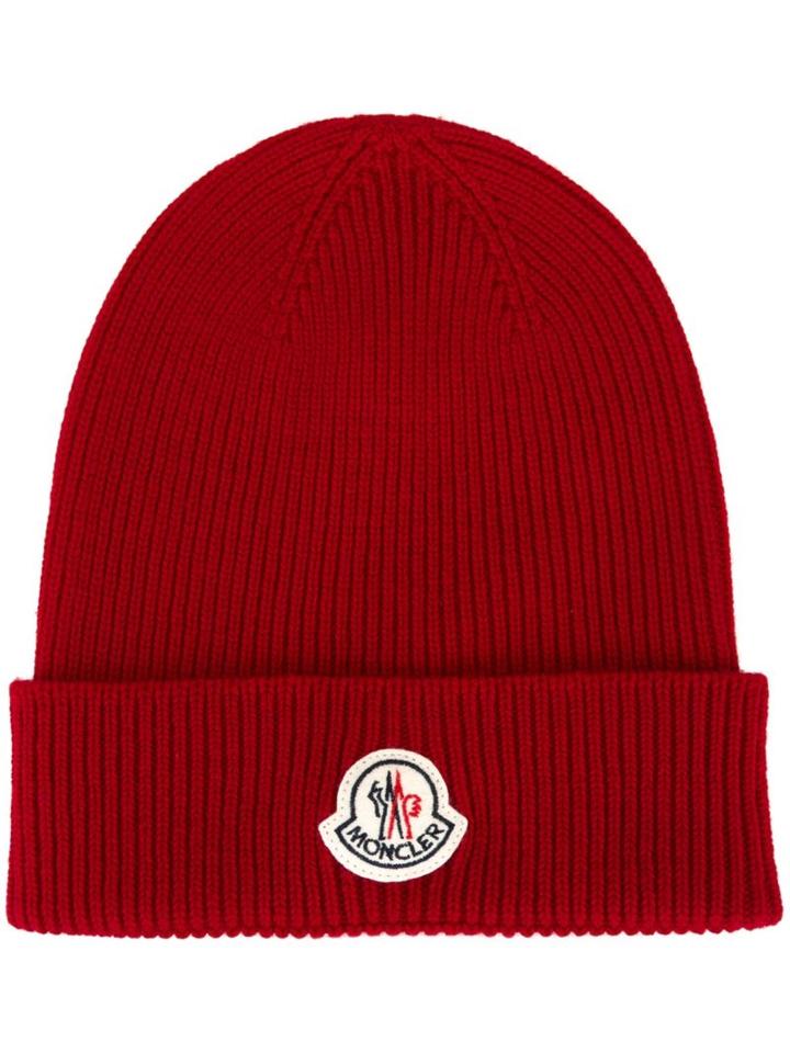 Moncler Ribbed Beanie Hat, Men's, Red, Virgin Wool