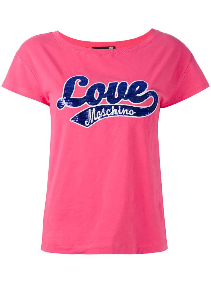 Love Moschino Sequinned Logo Patch T-shirt, Women's, Size: 42, Pink/purple, Cotton/spandex/elastane