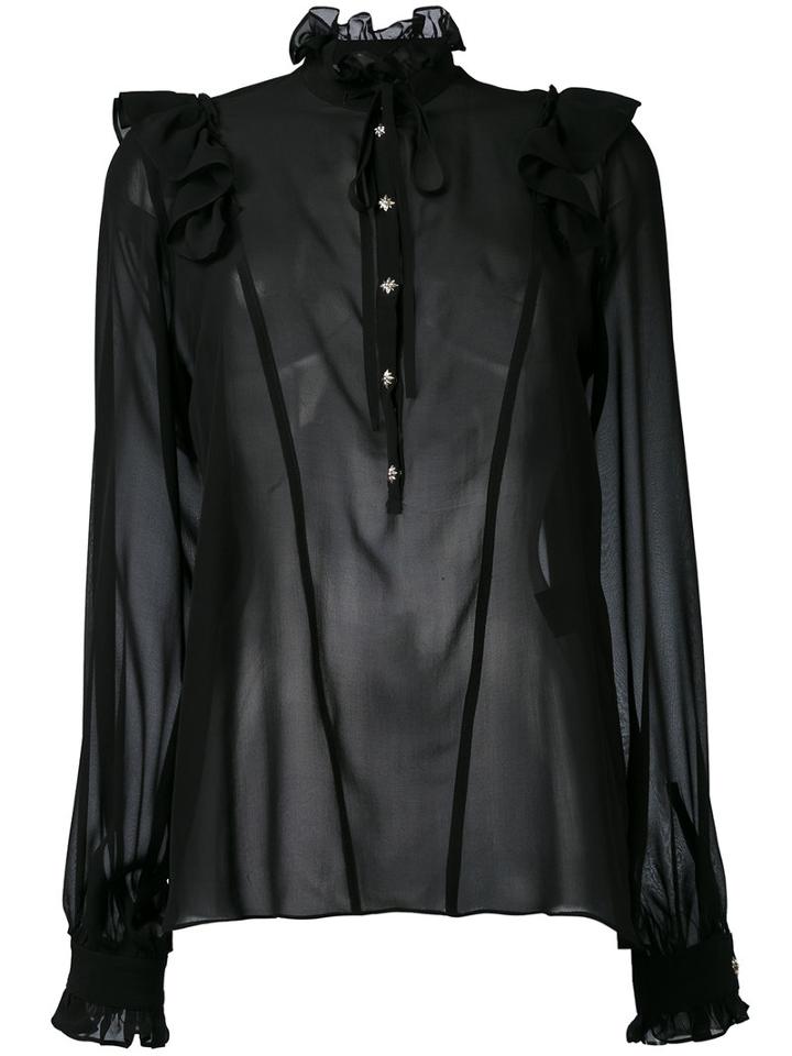 John Richmond - Sheer Ruffle Neck Blouse - Women - Silk - S, Black, Silk