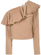 Msgm - Off-shoulder Frilled Sweatblouse - Women - Cotton - Xs, Brown, Cotton
