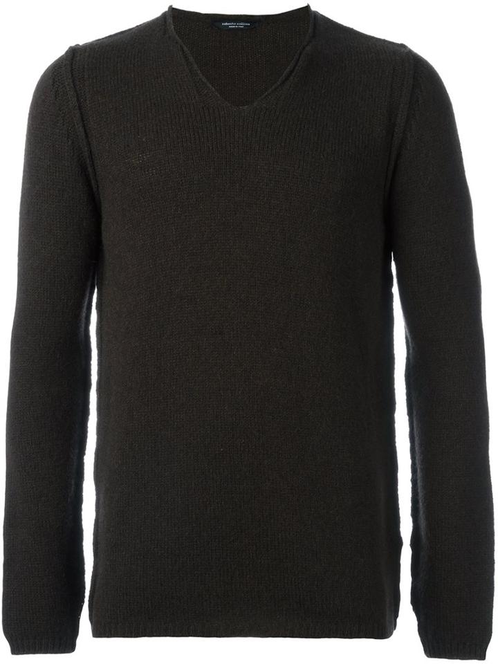 Roberto Collina V-neck Jumper, Men's, Size: 50, Brown, Nylon/camel Hair/merino