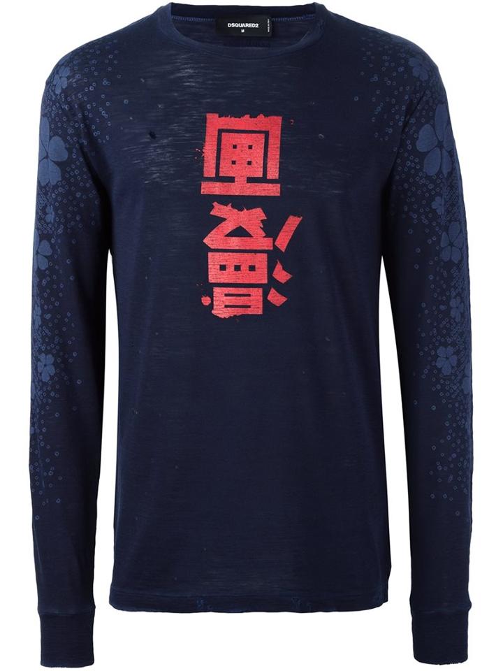Dsquared2 Kanji Floral Detail T-shirt, Men's, Size: Large, Blue, Cotton