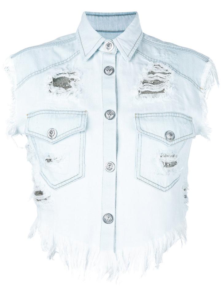 Versus Frayed Denim Gilet, Women's, Size: 40, Blue, Cotton/metal (other)/polyester