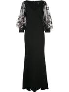Badgley Mischka Floral Appliqué Evening V-ngown - Black