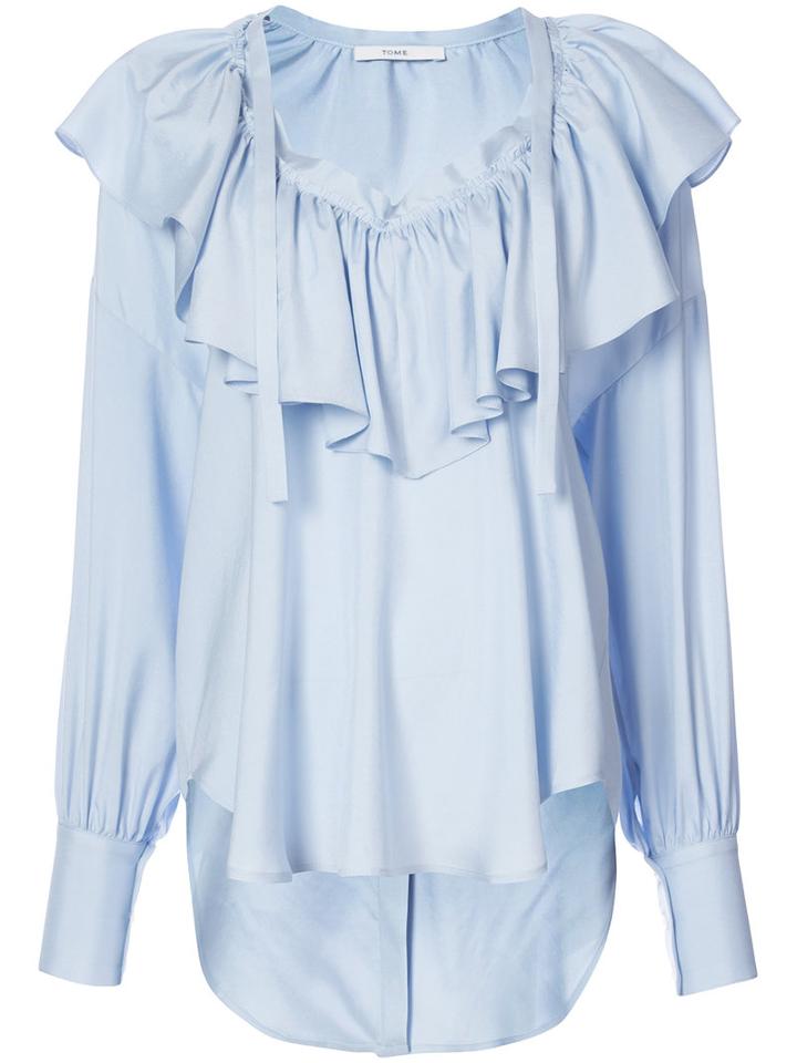 Tome - Ruffled V-neck Blouse - Women - Silk - L, Blue, Silk