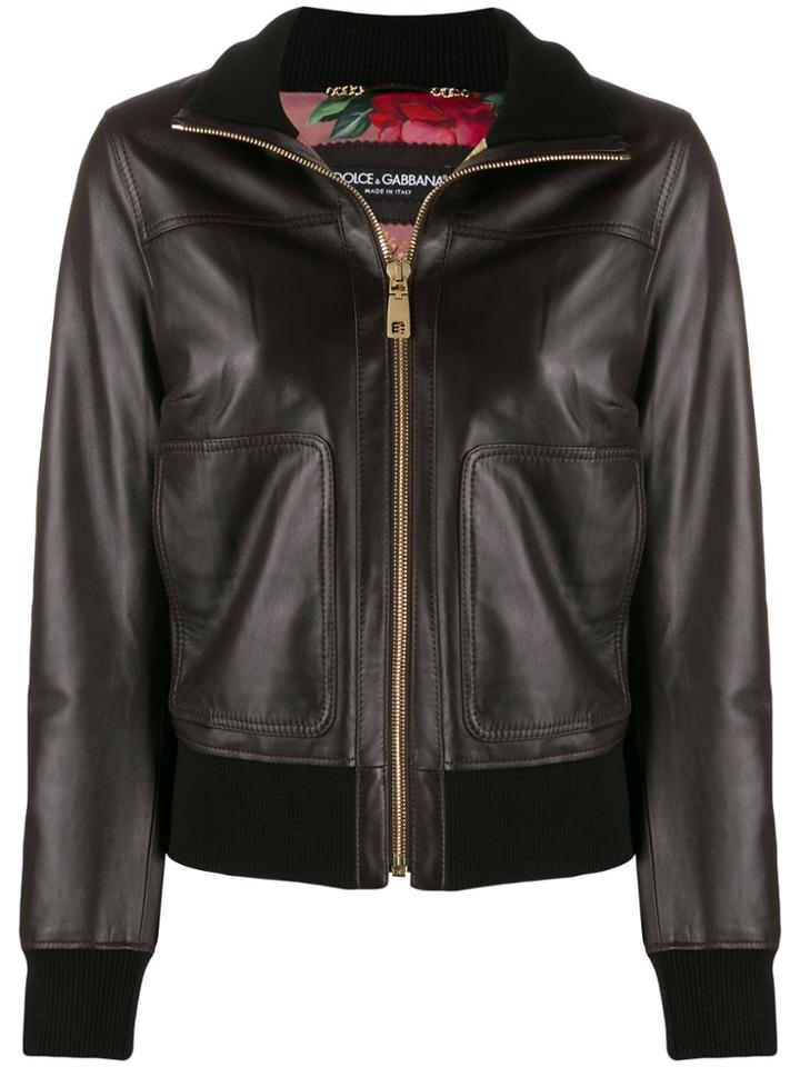 Dolce & Gabbana Zip-up Bomber Leather Jacket - Brown