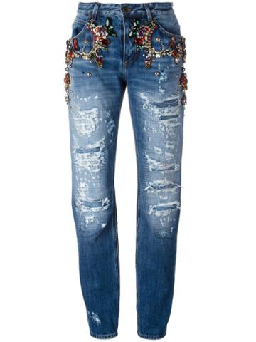 Dolce & Gabbana Embellished Ripped Boyfriend Jeans, Women's, Size: 42, Blue, Cotton/crystal/plastic/polyester