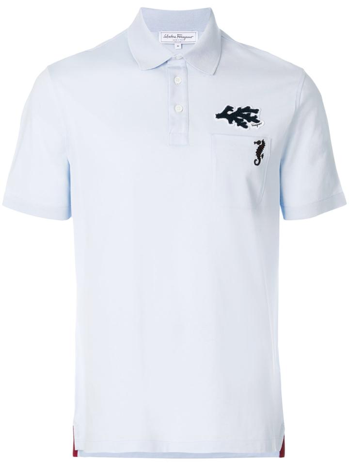 Salvatore Ferragamo Seahorse And Coral Embroidered Polo Shirt - Blue