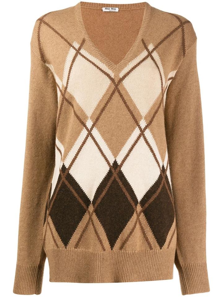 Miu Miu Check V- Neck Knitted Jumper - Brown