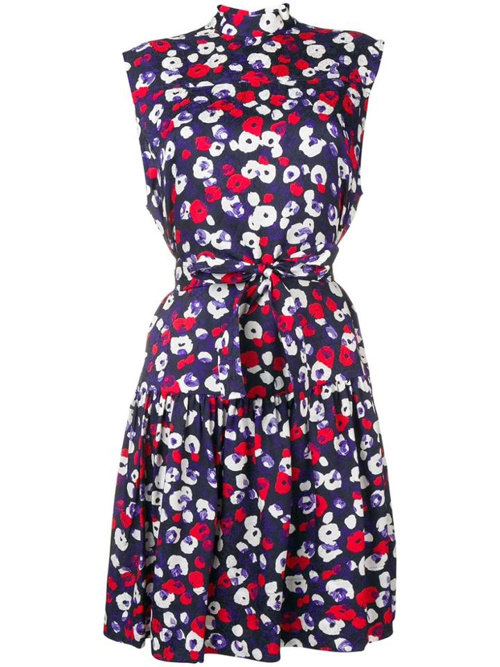 Derek Lam Belted Ruffle Hem Poppy Print Silk Jacquard Dress - Blue