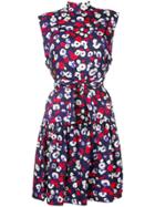 Derek Lam Belted Ruffle Hem Poppy Print Silk Jacquard Dress - Blue