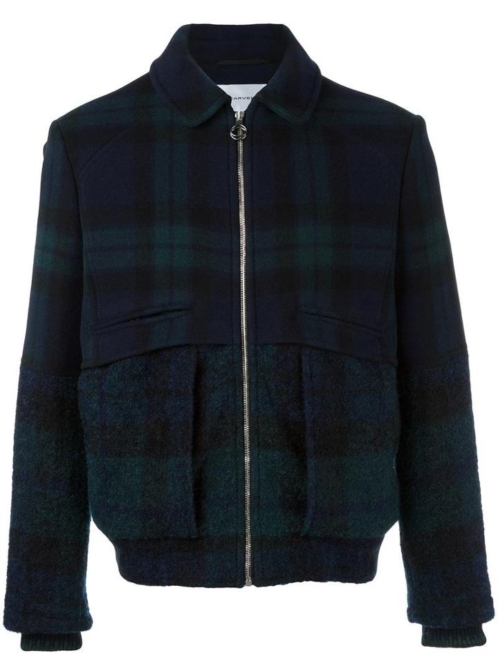 Carven Bi-material Checked Jacket, Men's, Size: 50, Blue, Cotton/polyamide/polyester/wool