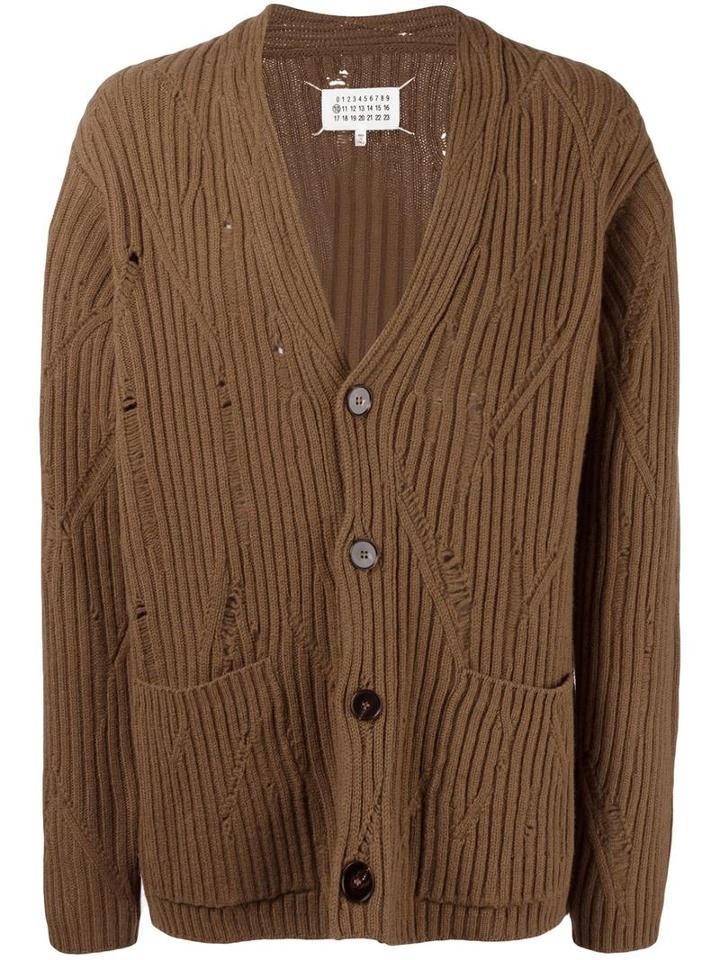 Maison Margiela Distressed Effect Ribbed Cardigan, Men's, Size: Small, Brown, Wool
