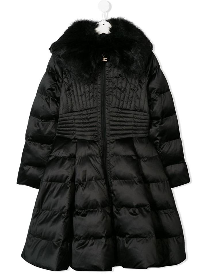 Elisabetta Franchi La Mia Bambina Faux Fur Trimmed Coat - Black