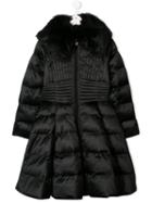 Elisabetta Franchi La Mia Bambina Faux Fur Trimmed Coat - Black