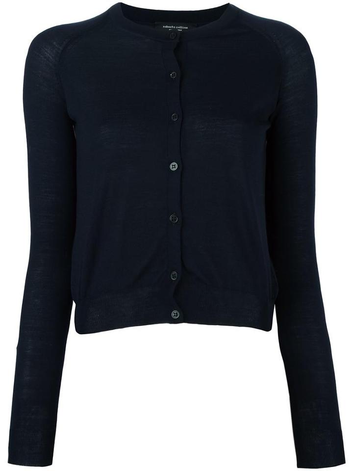 Roberto Collina Round Neck Cropped Cardigan, Women's, Size: Large, Blue, Merino