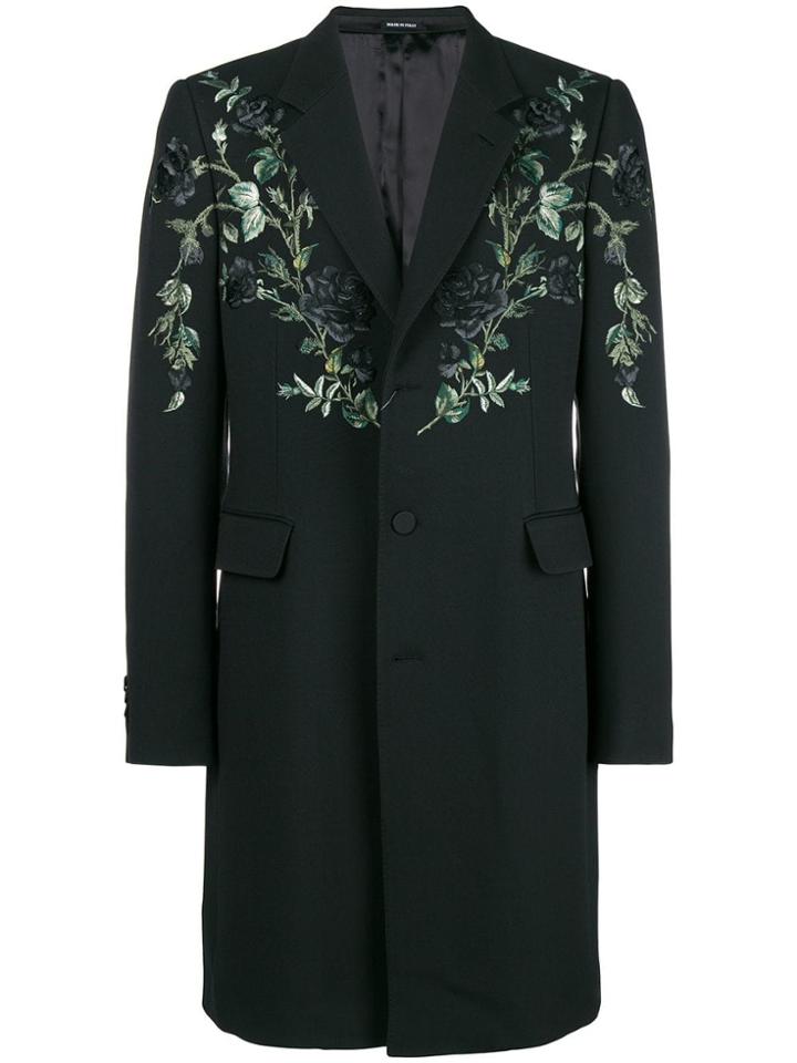 Alexander Mcqueen Floral Embroidered Single Breasted Coat - Black