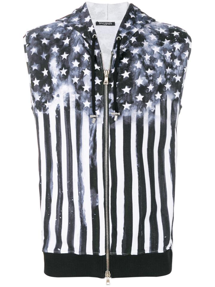 Balmain American Flag Print Sleeveless Hoodie - Black