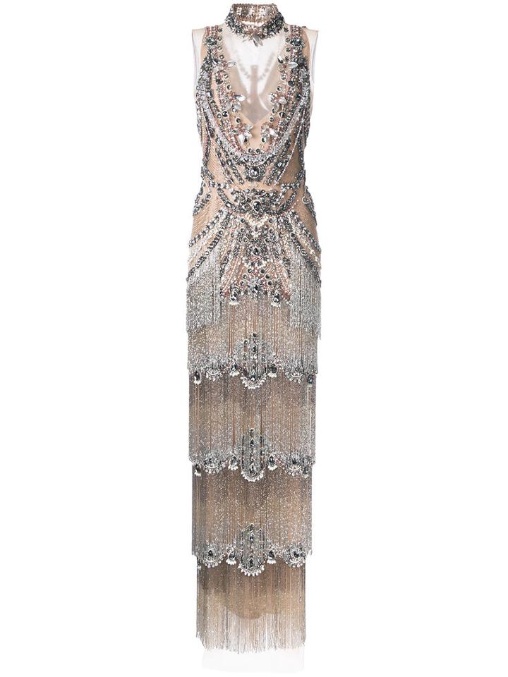 Marchesa - Beaded Fringe Column Gown - Women - Silk/nylon/spandex/elastane - 6, Grey, Silk/nylon/spandex/elastane