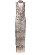 Marchesa - Beaded Fringe Column Gown - Women - Silk/nylon/spandex/elastane - 6, Grey, Silk/nylon/spandex/elastane
