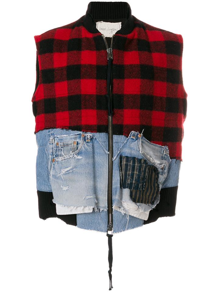 Greg Lauren Patched Plaid And Denim Gilet - Black