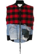 Greg Lauren Patched Plaid And Denim Gilet - Black