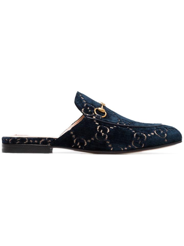 Gucci Gg Princetown Velvet Backless Loafers - Blue
